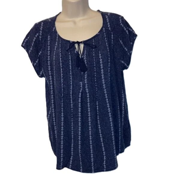 SONOMA Bohemian V Neck Pintuck Short Sleeves Tassel Ties Blouse Womens Large - Picture 1 of 10